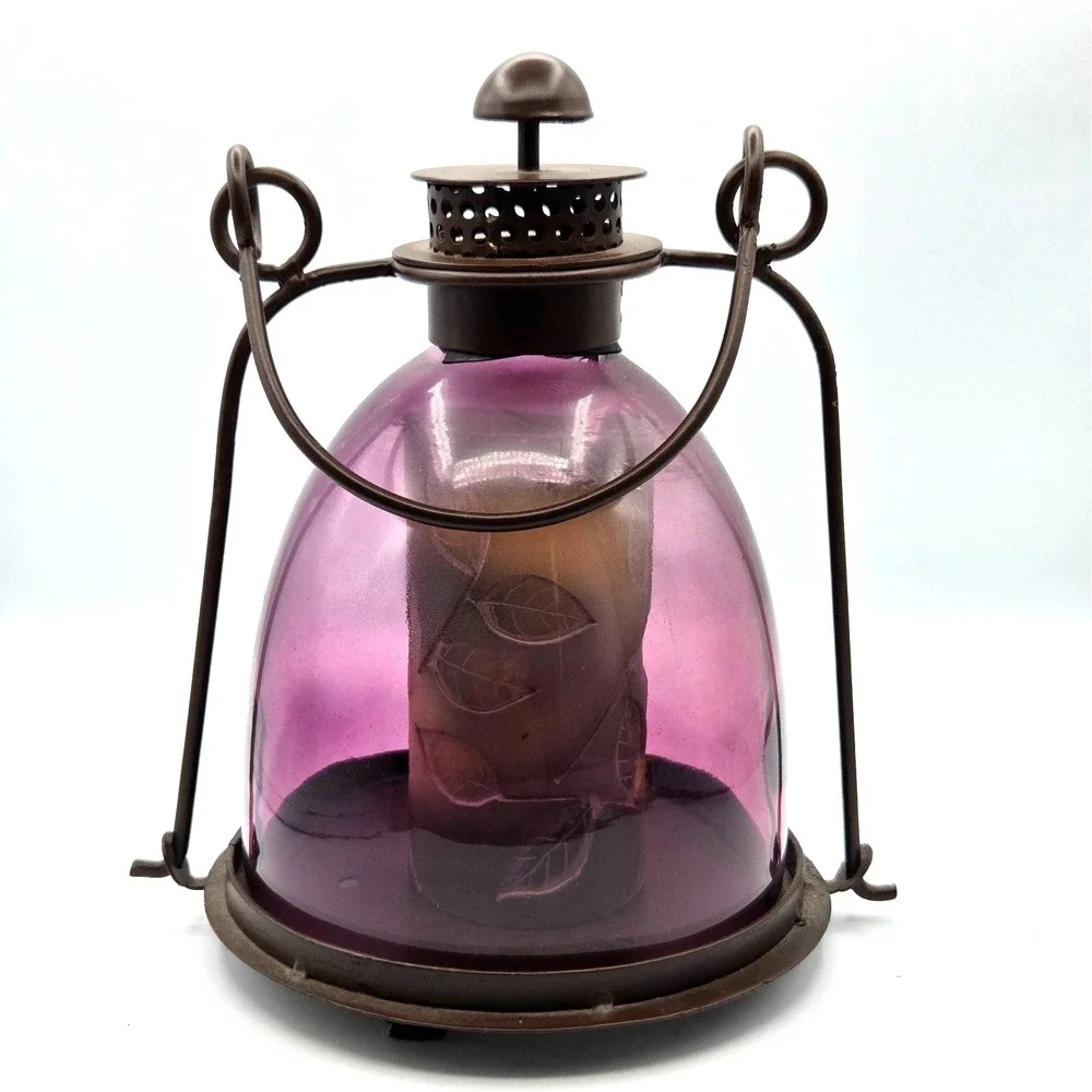 Salvage Purple Rustic Hanging Candle Lantern Glass Barn Farmhouse Made‎ in India